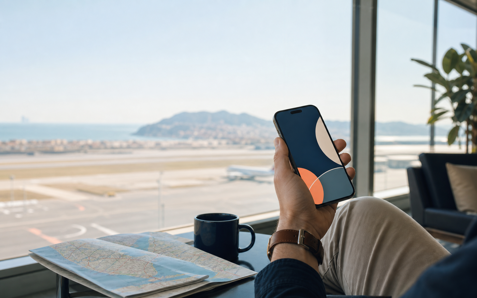 Voyageur consultant un téléphone devant la piste d’un aéroport